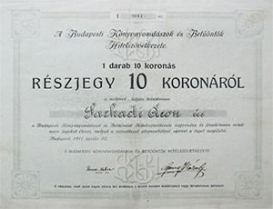 Budapesti Könyvnyomdászok és Betűöntők Hitelszövetkezete  részjegy 10 korona 1917