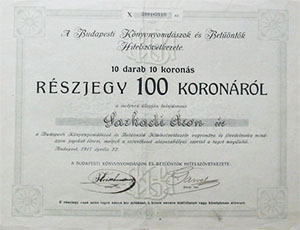 Budapesti Könyvnyomdászok és Betűöntők Hitelszövetkezete  részjegy 100 korona 1917