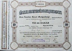 Duna-Tiszaközi Körzeti Mezőgazdasági Hitelszövetkezet üzletrészjegy 10x100000 korona 1925 Kecskemét