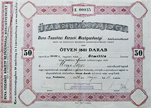 Duna-Tiszaközi Körzeti Mezőgazdasági Hitelszövetkezet üzletrészjegy 50x100000 korona 1926 Kecskemét