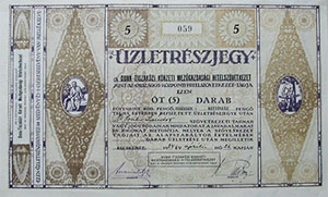 Duna-Tiszaközi Körzeti Mezőgazdasági Hitelszövetkezet üzletrészjegy 5x40 pengő 1934 Kecskemét