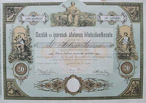 Gazdák és Iparosok Általános Hitelszövetkezete részjegy 20 forint 1888