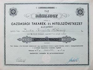 Gazdasági Takarék- és Hitelszövetkezet részjegy 10x20 200 pengő 1943