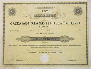 Gazdasági Takarék- és Hitelszövetkezet részjegy 20 pengő 1940