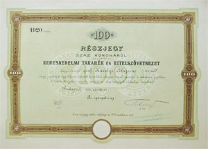 Kereskedelmi Takarék- és Hitelszövetkezet részjegy 100 korona 1904