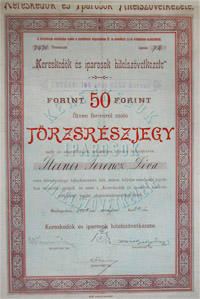 Kereskedők és Iparosok Hitelszövetkezete törzsrészjegy 50 forint 1904