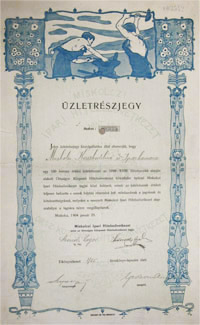 Miskolczi Ipari Hitelszövetkezet üzletrészjegy 100 korona 1904 Miskolc