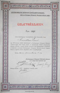 Nyitramegyei Központi Hitelszövetkezet üzletrészjegy 100 korona 1899 Nyitra