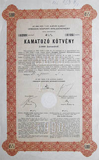 Országos Központi Hitelszövetkezet  kamatozó kötvény 5000 korona 1905
