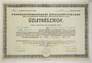 Pestszenterzsébeti Hitelszövetkezet üzletrészjegy 40 pengő 1943 Pestszenterzsébet