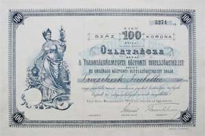 Torontálvármegyei Központi hitelszövetkezet üzletrész 100 korona 1900 Nagybecskerek