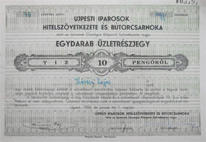 Újpesti Iparosok Hitelszövetkezete és Bútorcsarnoka üzletrészjegy 10 pengő 1938 Újpest