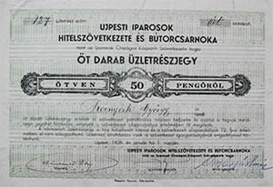 Újpesti Iparosok Hitelszövetkezete és Bútorcsarnoka üzletrészjegy 5x10 50 pengő 1938 Újpest