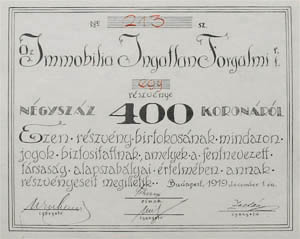 Immobilia Ingatlanforgalmi Részvénytársaság részvény 400 korona 1919