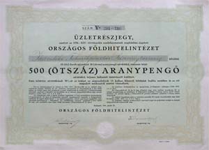 Országos Földhitelintézet üzletrészjegy 500 aranypengő 1936