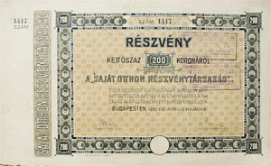Saját Otthon Részvénytársaság részvény 200 korona 1910