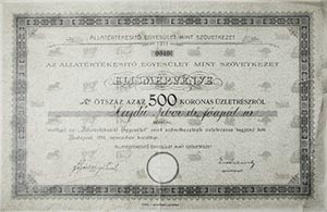 Állatértékesítő Egyesület mint Szövetkezet elismervény 500 korona üzletrészről 1911