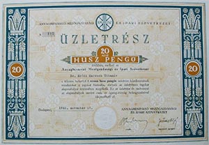 Anyagbeszerző Mezőgazdasági és Ipari Szövetkezet üzletrész 20 pengő 1941