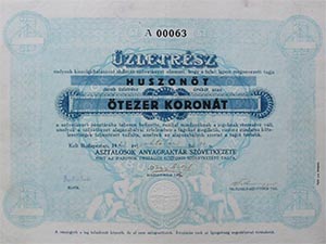 Asztalosok Anyagraktár Szövetkezete üzletrész 5000 korona 1923