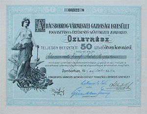 Bácsbodrog-Vármegyei Gazdasági Egyesület Fogyasztási és Értékesítő Szövetkezete Zomborban üzletrész 50 korona 1909