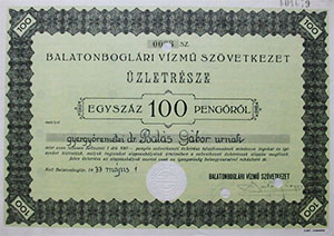 Balatonboglári Vízmű Szövetkezet üzletrész 100 pengő 1933