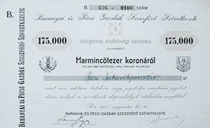 Baranyai és Pécsi Gazdák Szeszfőző Szövetkezete ideglenes elsőbbségi üzletrész 175000 korona 1925 Pécs