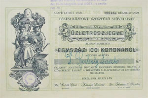 Békési Központi Szeszfőző Szövetkezet üzletrészjegy 100 korona 1924