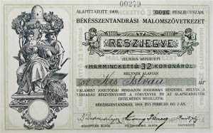 Békésszentandrási Malomszövetkezet részjegy 32 korona 1919 Békésszentandrás