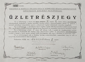 Budapest II. ker. Tölgyfa u. 8. sz. Ház Résztulajdonosainak Szövetkezete üzletrészjegy 1934