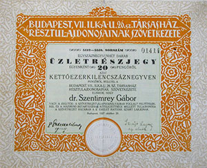 Budapest VII. Ilka u. 26. sz. Társasház Résztulajdonosainak Szövetkezete üzletrészjegy 2940 pengő 1927