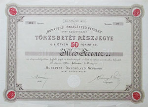 Budapesti Önsegélyező Népbank mint Szövetkezet törzsbetét részjegy 50 forint 1890