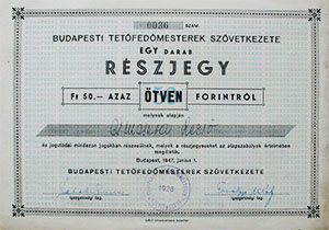 Budapesti Tetőfedőmesterek Szövetkezete részjegy 50 forint 1947