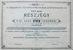 Budapesti Tetőfedőmesterek Szövetkezete részjegy 50 pengő 1928