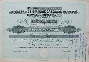 Czipészek és Csizmadiák Országos Beszerző és Termelő Szövetkezete részjegy 1000 korona 1916