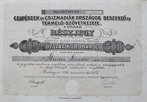 Czipészek és Csizmadiák Országos Beszerző és Termelő  Szövetkezete részjegy 5x100 500 korona 1916