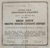 Debreceni Hangya Keresztyény Fogyasztási és Értékesítő  Szövetkezet üzletrész 7 pengő 1926