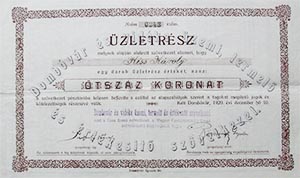 Dombóvár és Vidéke Üzemi Termelő és Értékesítő Szövetkezet üzletrész 500 korona 1920