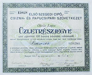 Első Szegedi Cipő-, Csizma- és Papucsipari Szövetkezet üzletrészjegy 1000x100 100000 korona 1923
