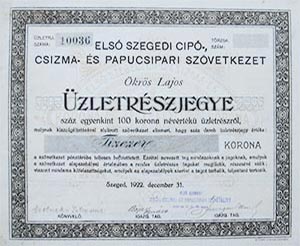 Első Szegedi Cipő-, Csizma- és Papucsipari Szövetkezet üzletrészjegy 100x100 10000 korona 1922