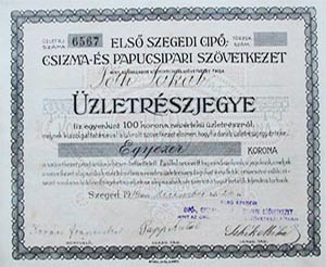 Első Szegedi Cipő-, Csizma- és Papucsipari Szövetkezet üzletrészjegy 10x100 1000 korona 1919