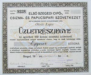 Első Szegedi Cipő-, Csizma- és Papucsipari Szövetkezet üzletrészjegy 10x100 1000 korona 1923