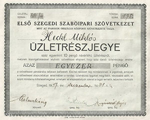 Első Szegedi Szabóipari Szövetkezet üzletrészjegy 100x10 1000 pengő 1937
