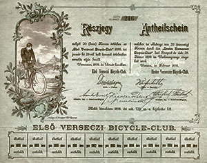 Első Verseczi Bicycle-Club részjegy 20 korona 1898