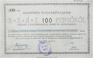 Felsődunántúli Termelők Szövetkezete alapítói üzletrészjegy 100 pengő 1937 Győr