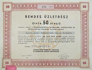 Fűszerpaprika Termelők, Kikészítők és Értékesítők Szegedi Szövetkezete rendes üzletrész 50 pengő 1936 Szeged