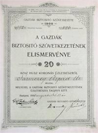 Gazdák Biztosító Szövetkezete elismervény 20 korona 1900