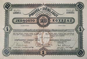 Gazdasági Hitelintézet Mint Szövetkezet Korlátolt Felelősséggel részjegy 100 korona 1932 Kassa