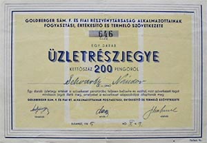 Goldberger Sám F. és Fiai Részvénytársaság Alkalmazottainak Fogyasztási, Értékesítő és Termelő Szövetkezete üzletrészjegy 200 pengő 1945