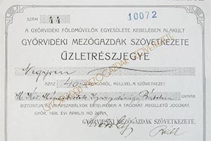 Győrvidéki Mezőgazdák Szövetkezete üzletrészjegy 40 pengő 1926 Győr