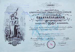 Hadirokkantakat Foglalkoztató és Gyámolító Szövetkezet üzletrészjegy 100 korona 1923